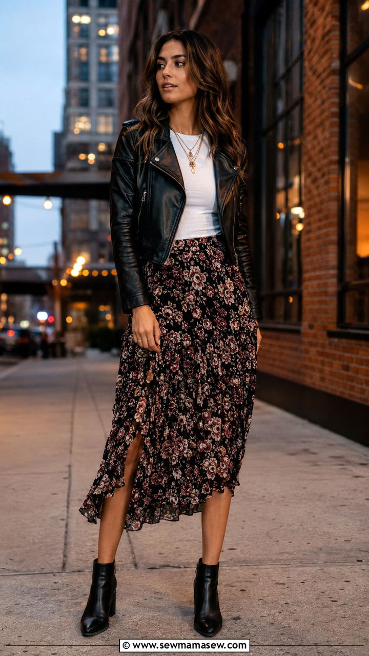 Leather Jacket With Floral Midi Skirt - 30 spring outfits for women over 30