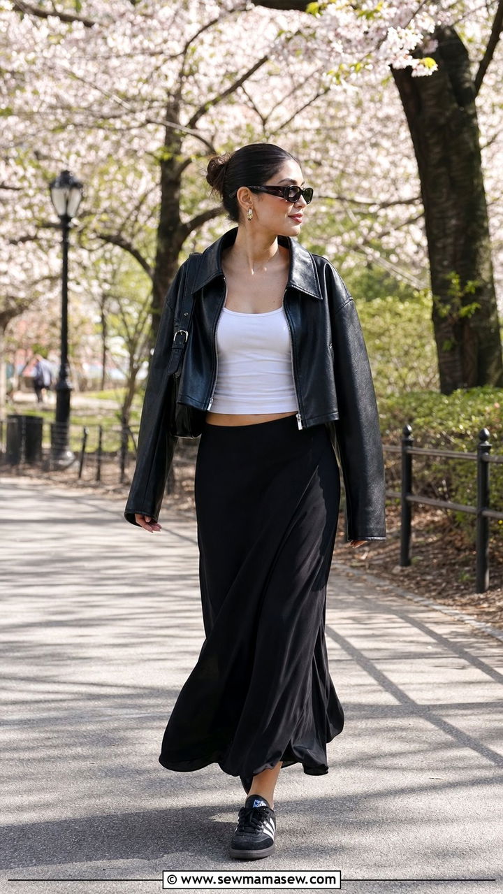 Leather Jacket With Flowing Maxi Skirt And Black Sambas - 25 spring outfits with adidas sambas