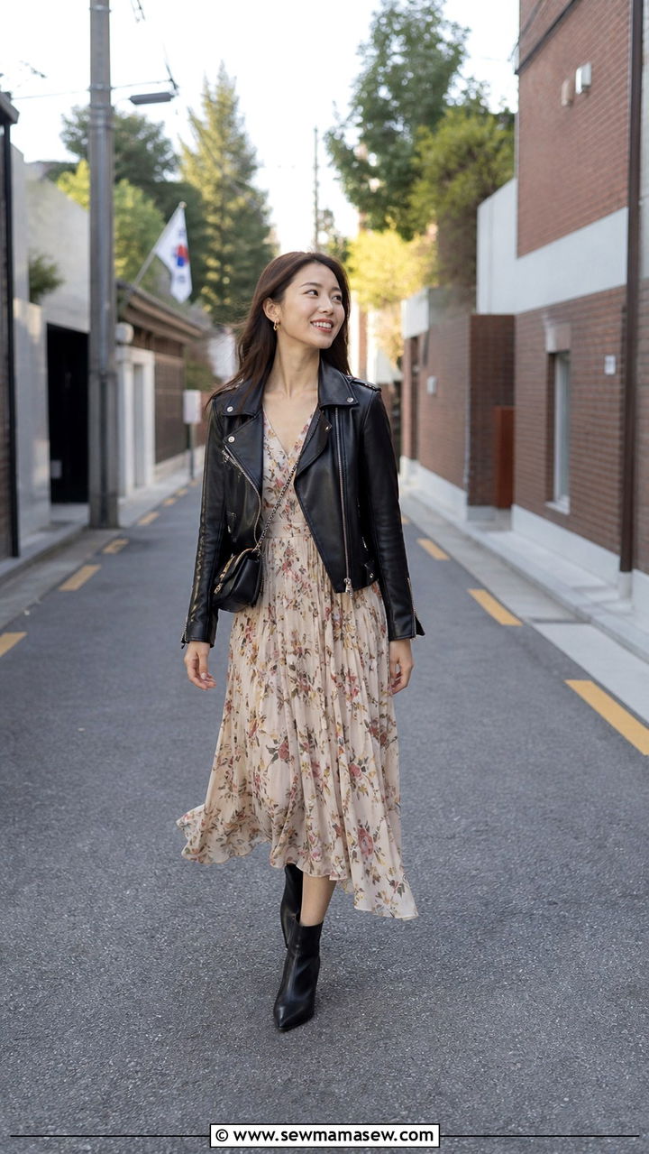 Leather Jacket With Flowy Midi Dress Seoul - 40 Seoul outfit ideas