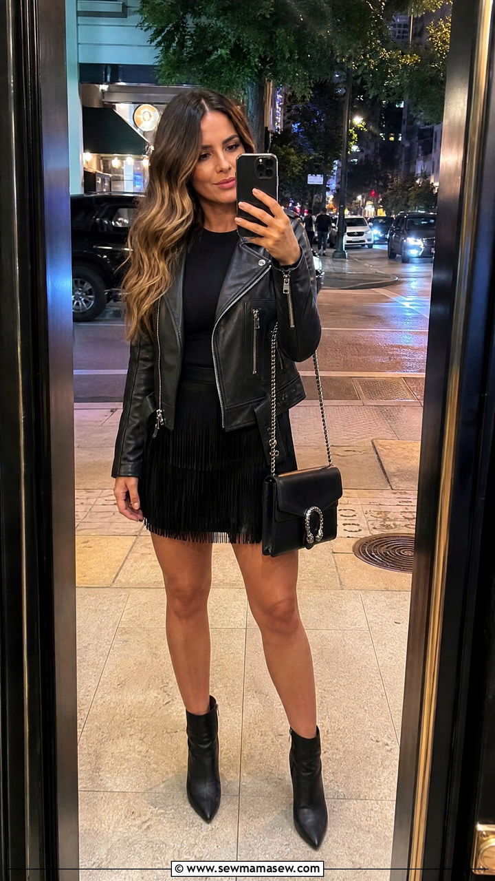 Leather Jacket With Fringe Mini Skirt and Heeled Booties - 30 fringe skirt outfit ideas