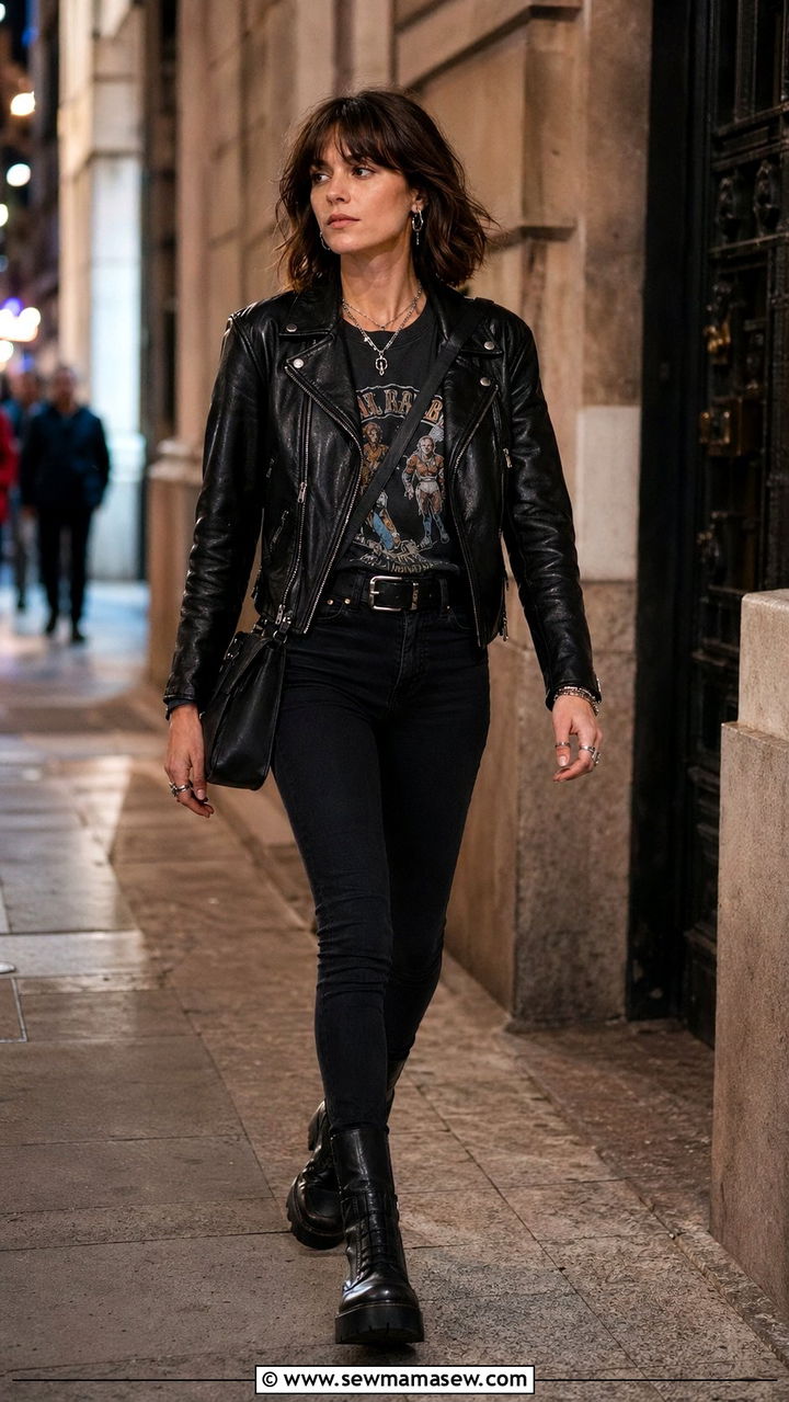 Leather Jacket With Graphic Band Tee and Black Skinny Jeans - 35 90s capsule wardrobe outfits