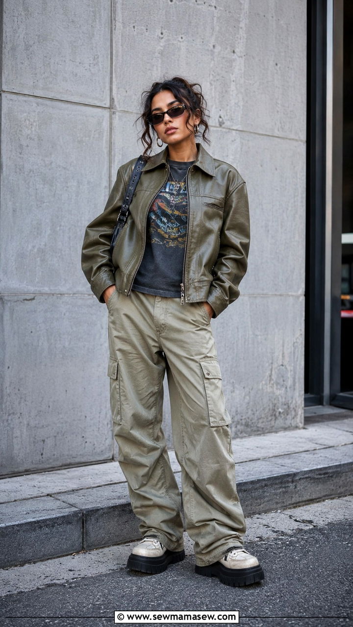 Leather Jacket With Graphic Tee And Cargo Pants - 30 How to style a leather jacket in summer