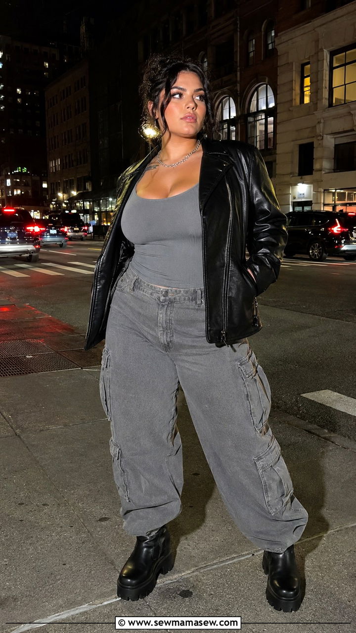 Leather Jacket With Gray Cargo Pants and Platform Boots - 30 Plus size outfit ideas with cargo pants