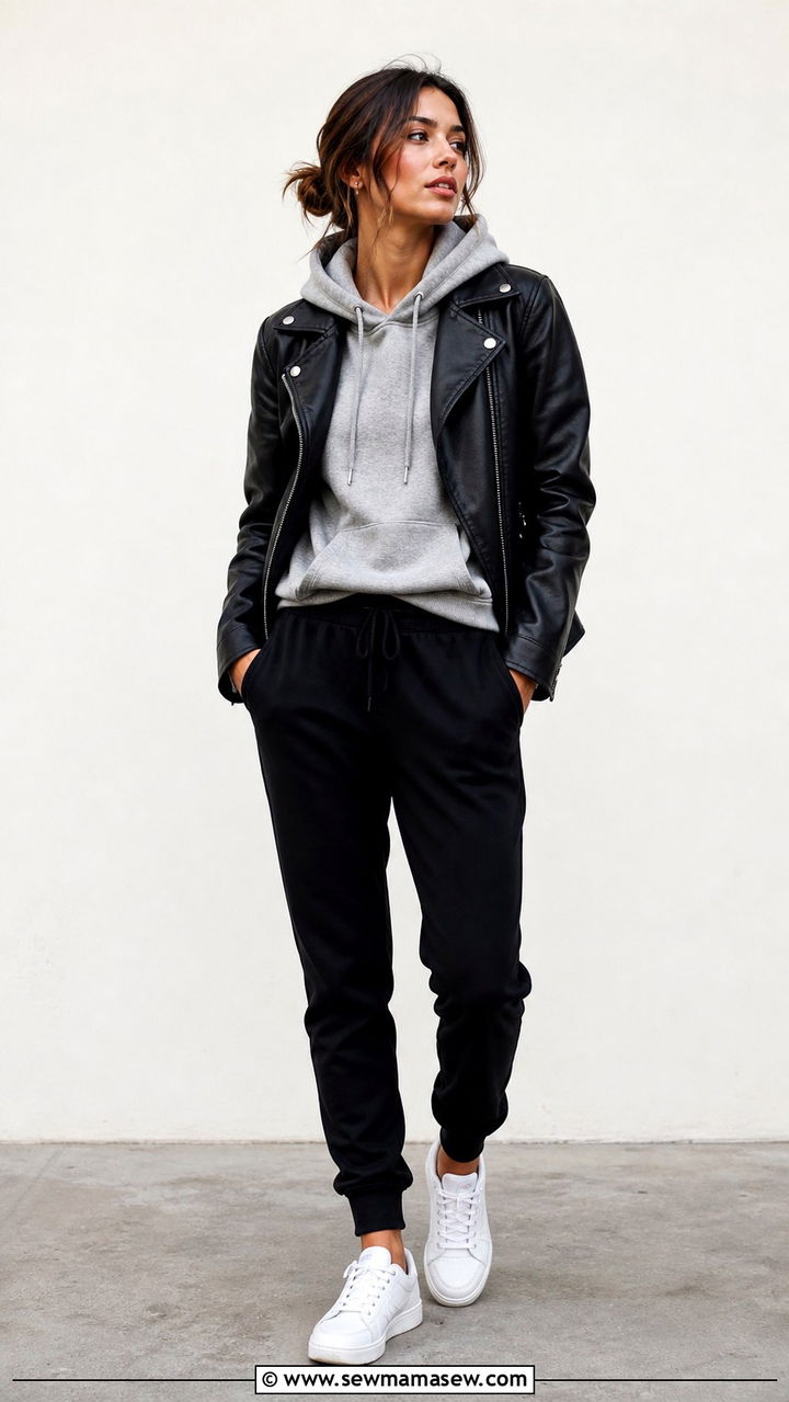 Leather Jacket With Hoodie And Joggers - 40 leather jacket outfit ideas for women