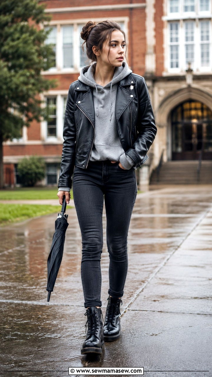 Leather Jacket With Hoodie and Dark Jeans - 30 Rainy day school outfit ideas