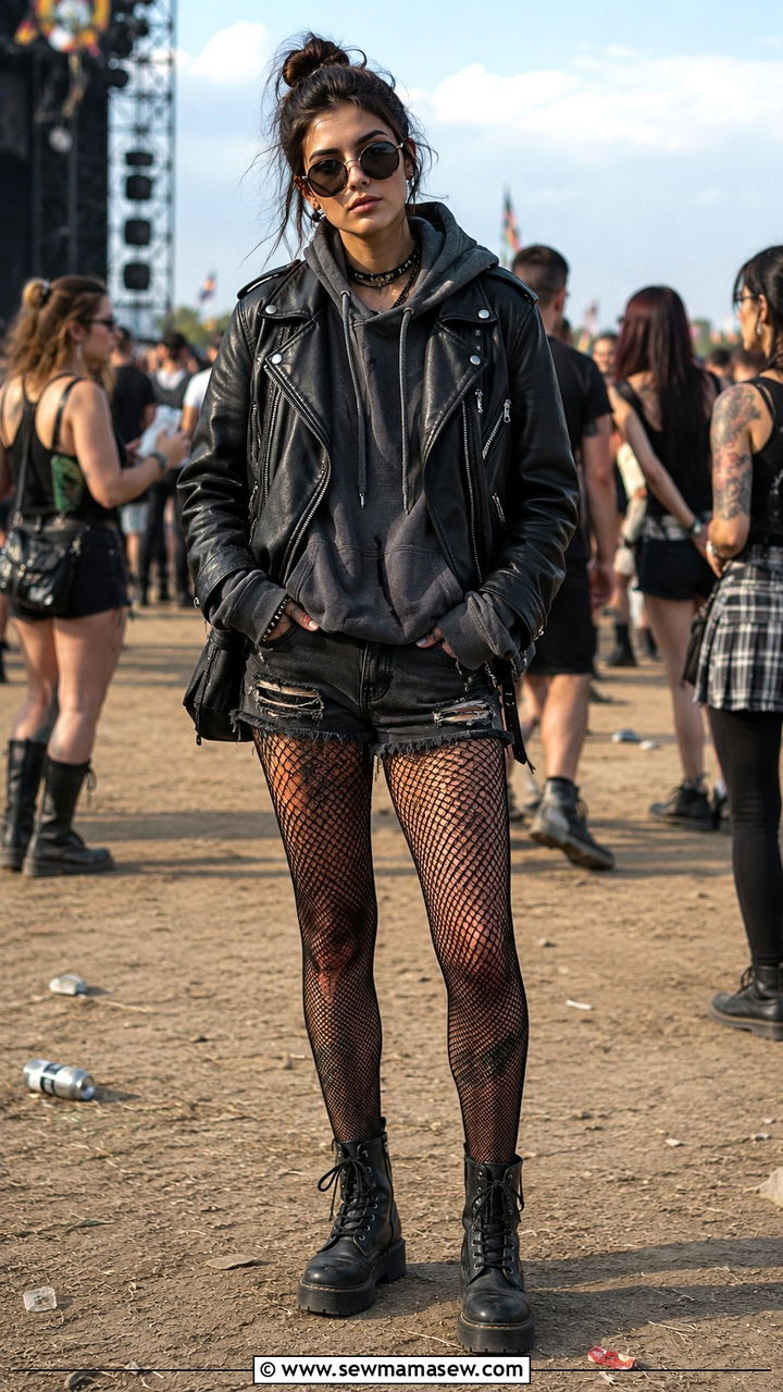 Leather Jacket With Hoodie and Distressed Denim Shorts - 30 grunge outfits aesthetic