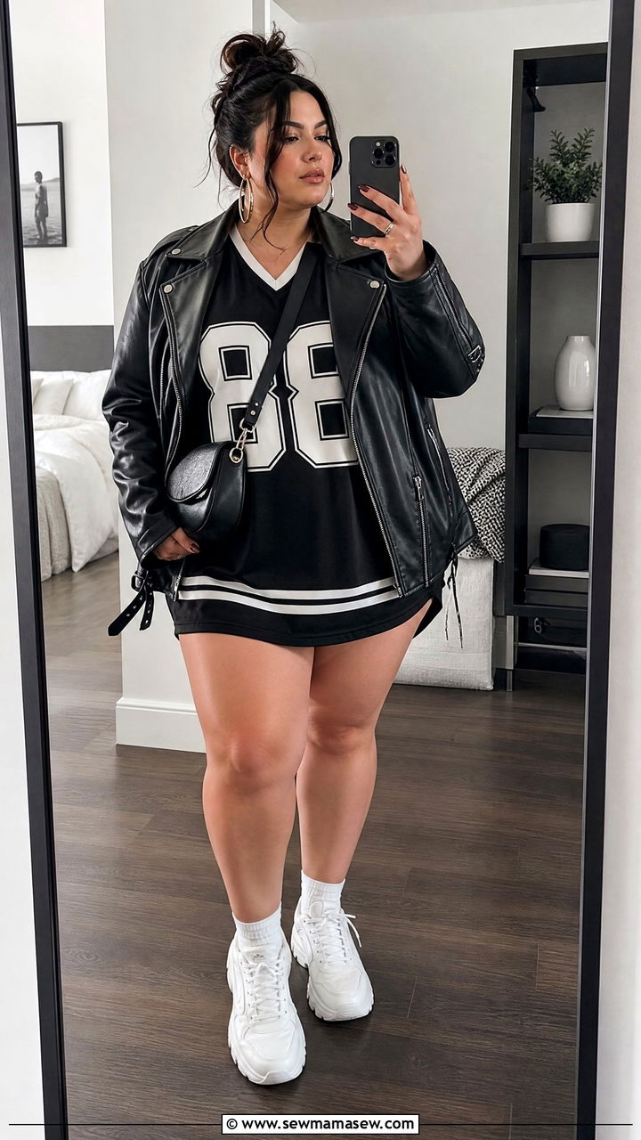 Leather Jacket With Jersey Dress And Chunky Sneakers - 30 Football game outfit ideas plus size