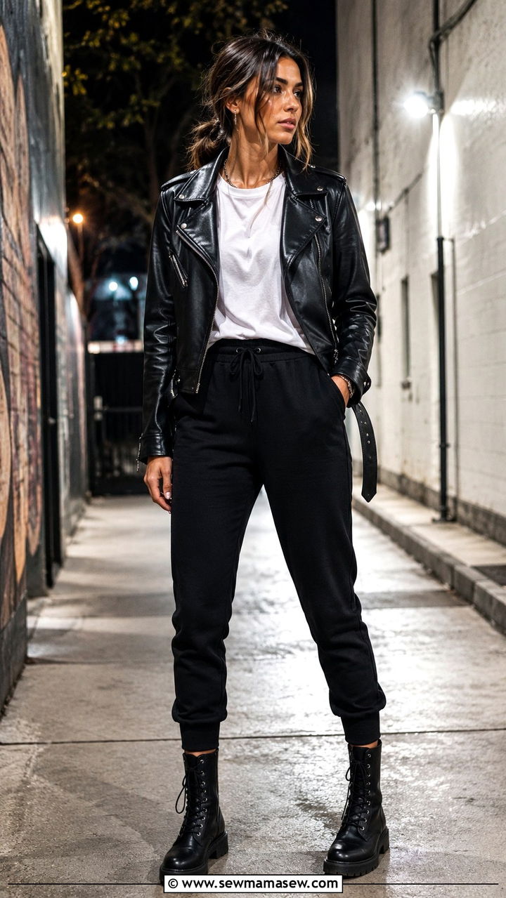 Leather Jacket With Joggers and Combat Boots - 30 Spring outfits with joggers