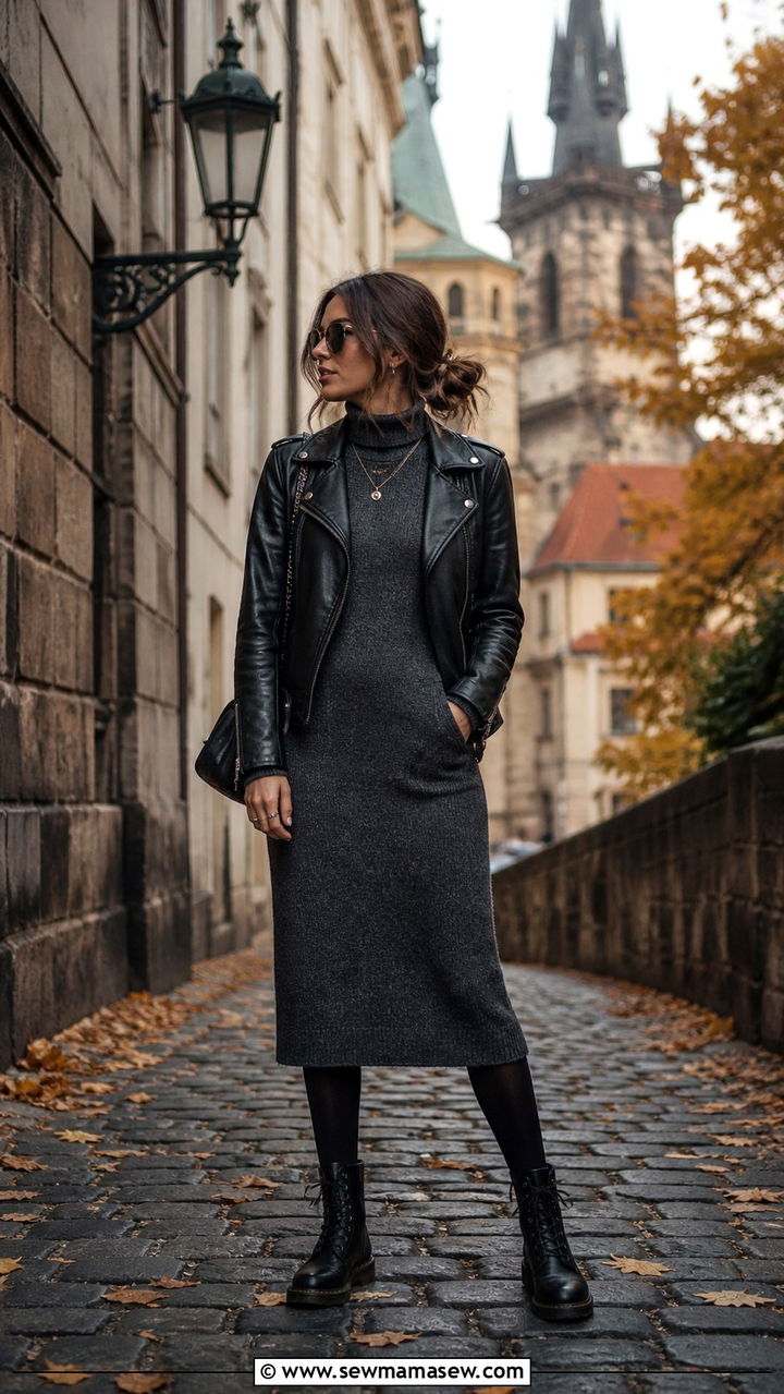 Leather Jacket With Knit Dress And Combat Boots For Prague Fall - 40 What to wear in Prague