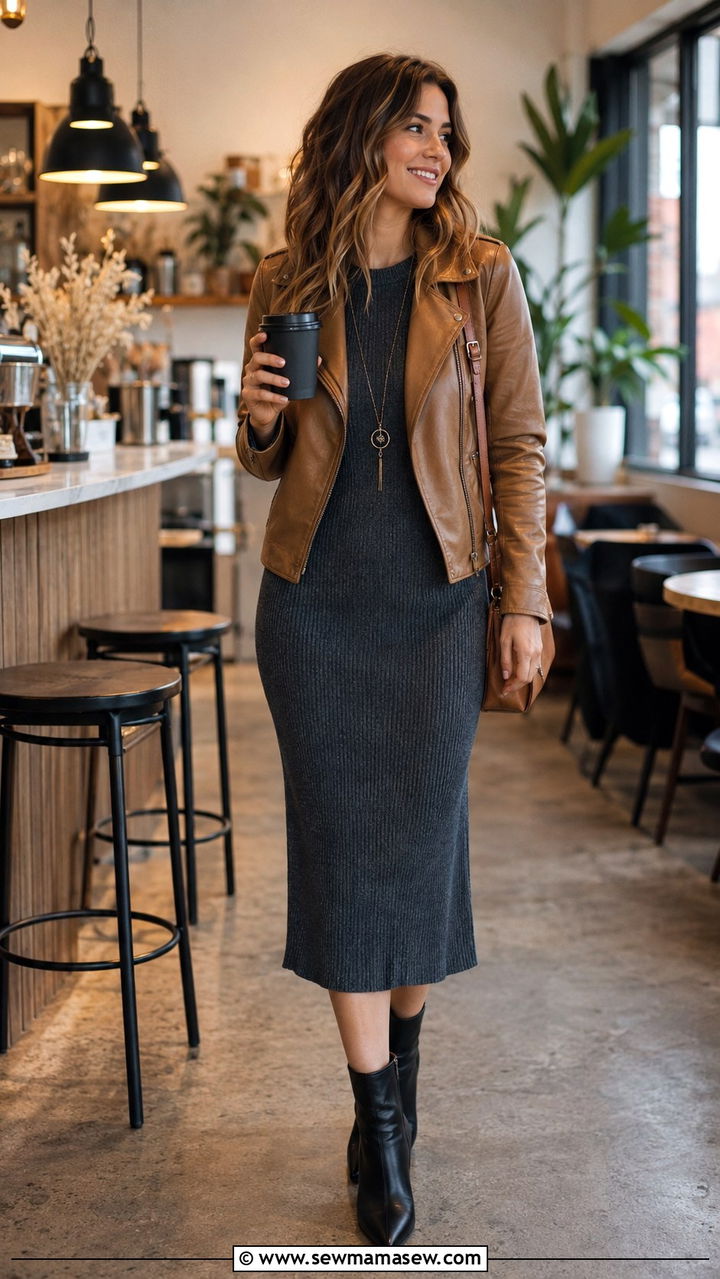 Leather Jacket With Knitted Midi Dress - 30 Leather jacket outfit ideas with a dress