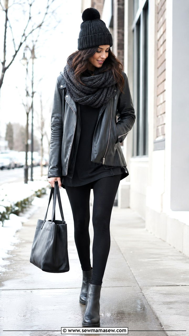 Leather Jacket With Leggings And Oversized Scarf - 30 how to style leather jacket