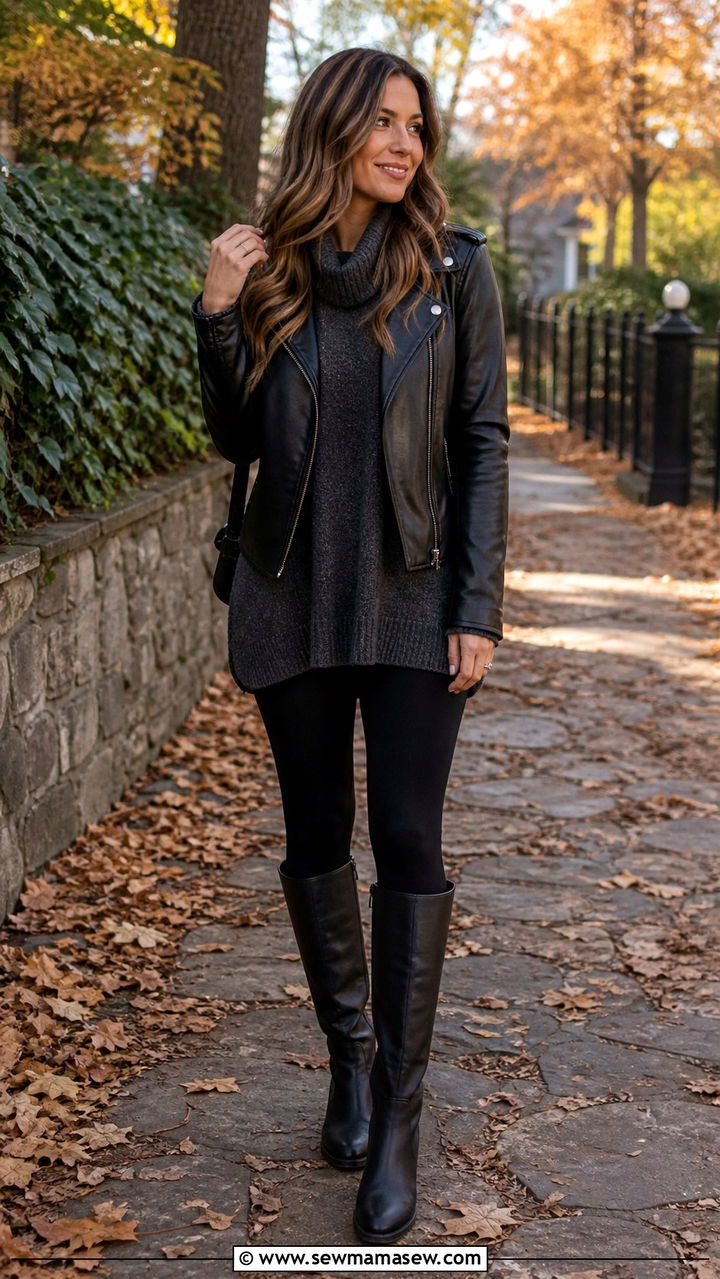 Leather Jacket With Leggings And Tunic Sweater - 40 leather jacket outfit ideas for women