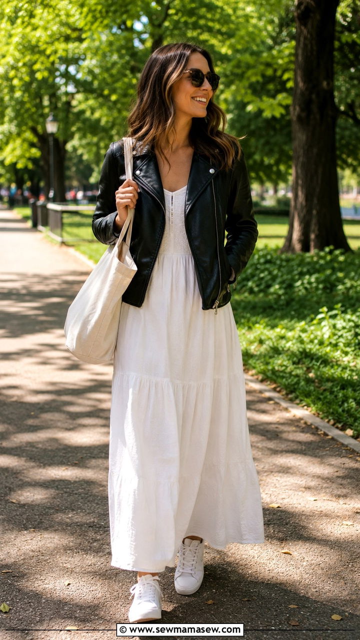 Leather Jacket With Maxi Dress And Sneakers - 30 Leather jacket outfit ideas with a dress