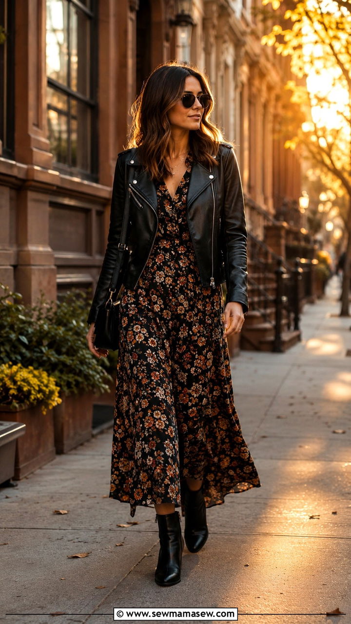 Leather Jacket With Maxi Dress and Ankle Boots - 30 transitional casual outfit ideas