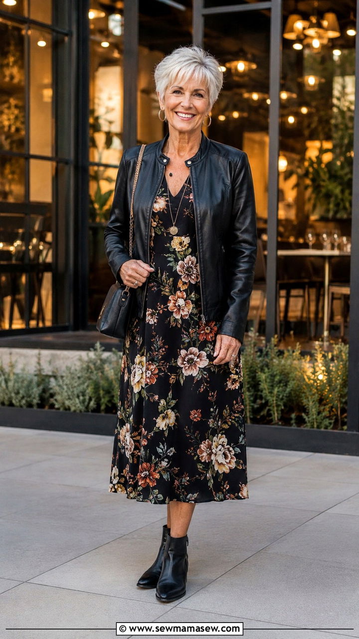 Leather Jacket With Midi Dress - 30 Night out outfit ideas women over 60