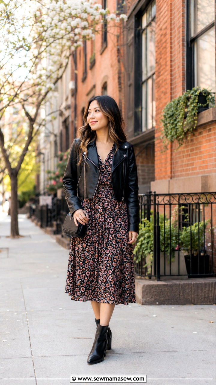 Leather Jacket With Midi Dress - 30 transitional petite outfit ideas