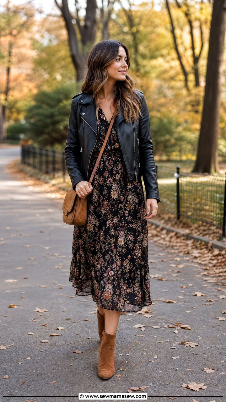 Leather Jacket With Midi Dress And Ankle Boots Outfit - 25 chic leather jacket outfit ideas