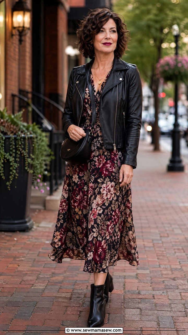 Leather Jacket With Midi Dress - 35 dinner outfits for women over 40