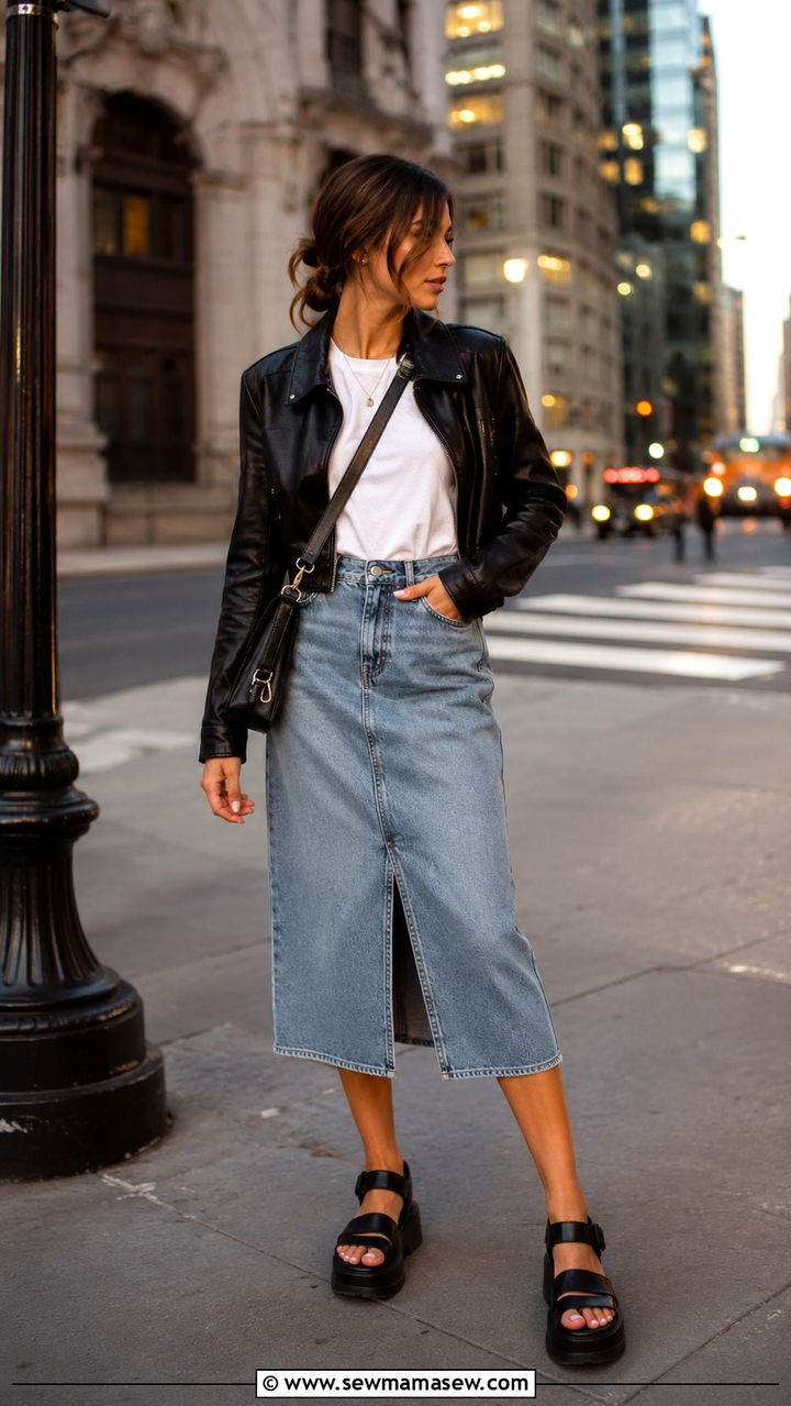 Leather Jacket With Midi Skirt For Edgy Summer Style - 30 Midi skirt outfit ideas for summer