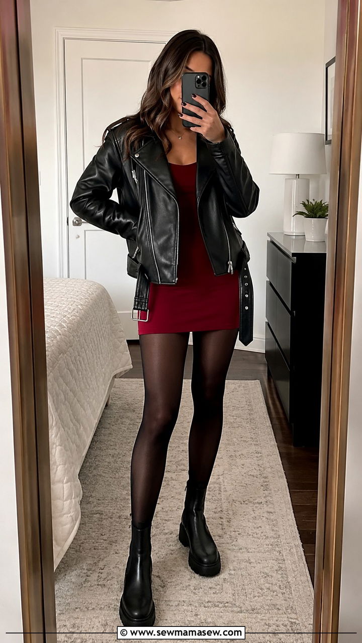 Leather Jacket With Mini Dress And Tights - 30 Leather jacket outfit ideas with a dress
