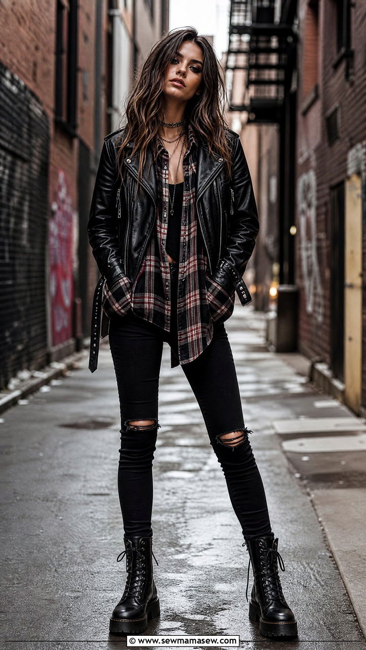Leather Jacket With Oversized Flannel Outfit - 30 chic concert outfits for women