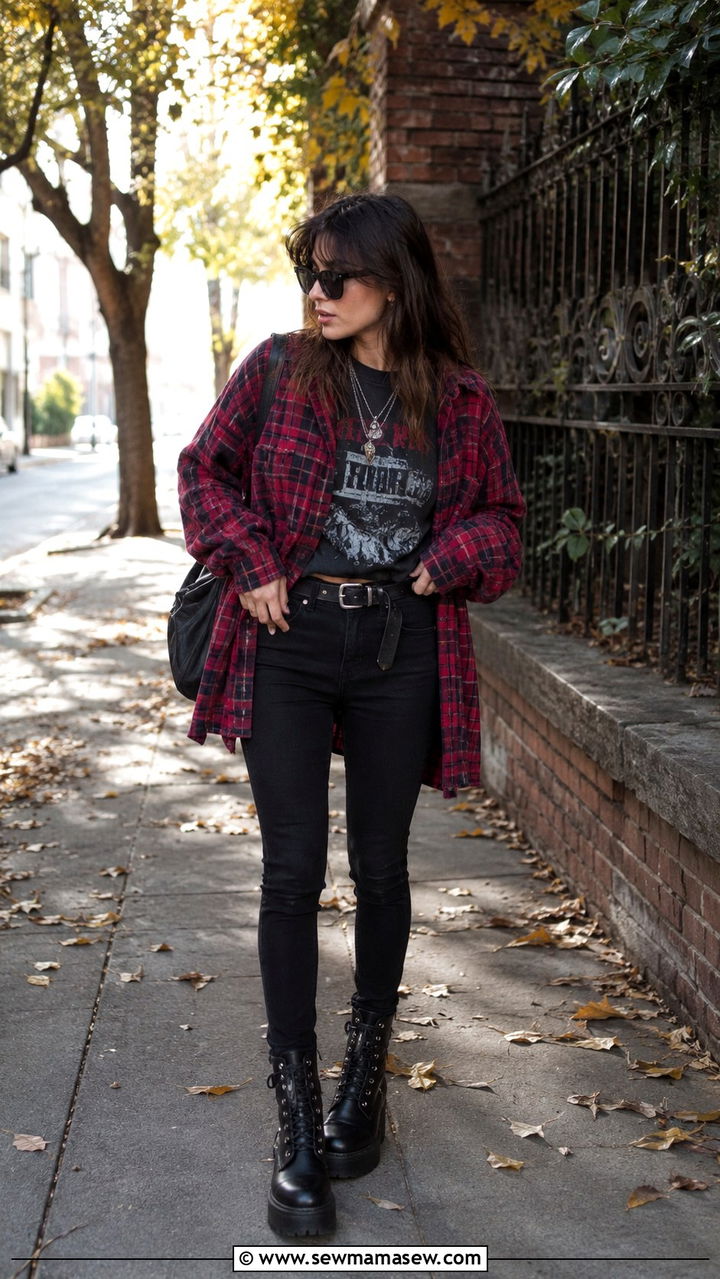 Leather Jacket With Plaid Mini Skirt And Platform Boots - 20 Indie sleaze outfit ideas for women