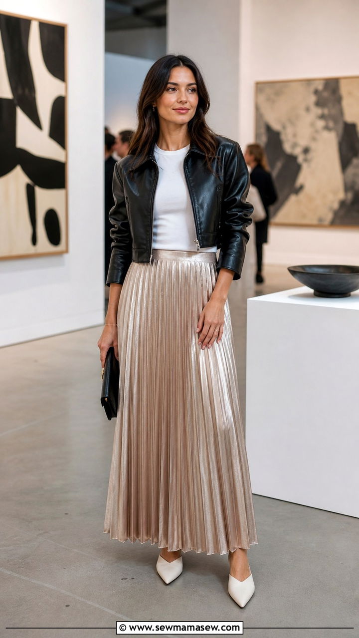 Leather Jacket With Pleated Maxi Skirt - 40 leather jacket outfit ideas for women