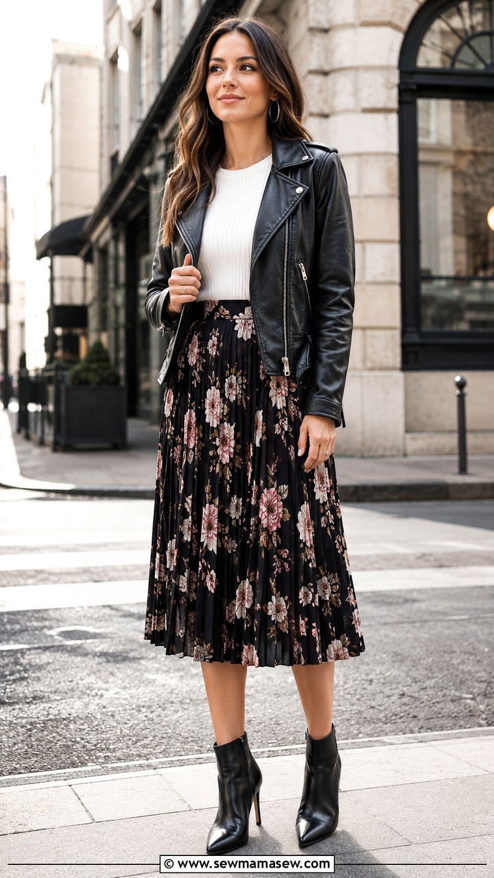 Leather Jacket With Pleated Midi Skirt And Heeled Ankle Boots - 30 Pleated skirt outfit ideas with heels