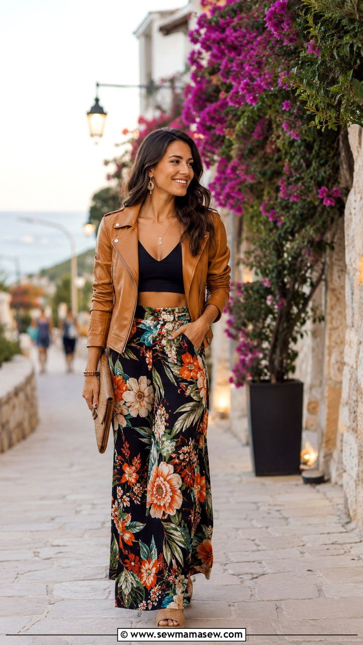 Leather Jacket With Printed Palazzo Pants - 30 How to style a leather jacket in summer