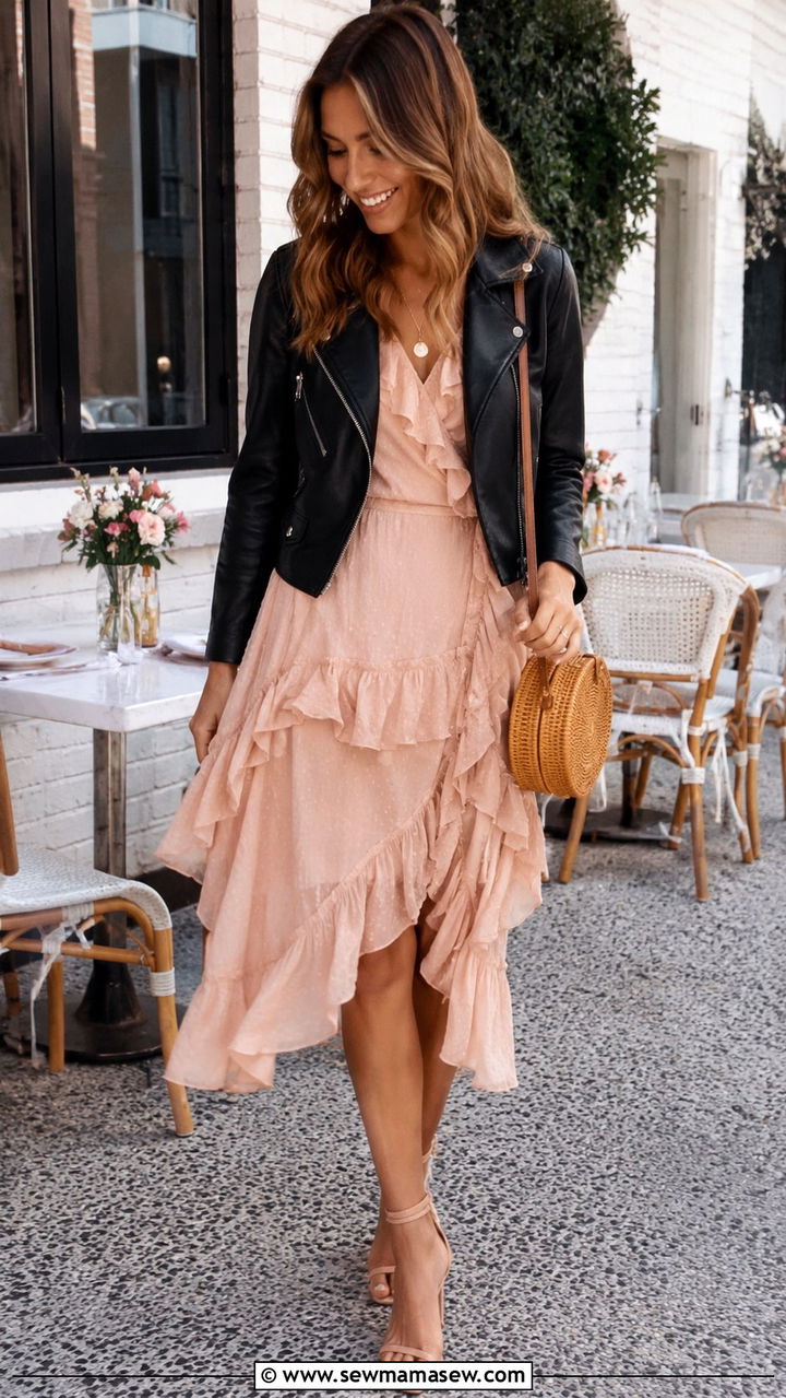 Leather Jacket With Ruffle Dress - 30 Leather jacket outfit ideas with a dress