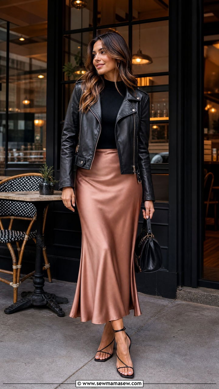 Leather Jacket With Satin Slip Skirt - 40 leather jacket outfit ideas for women