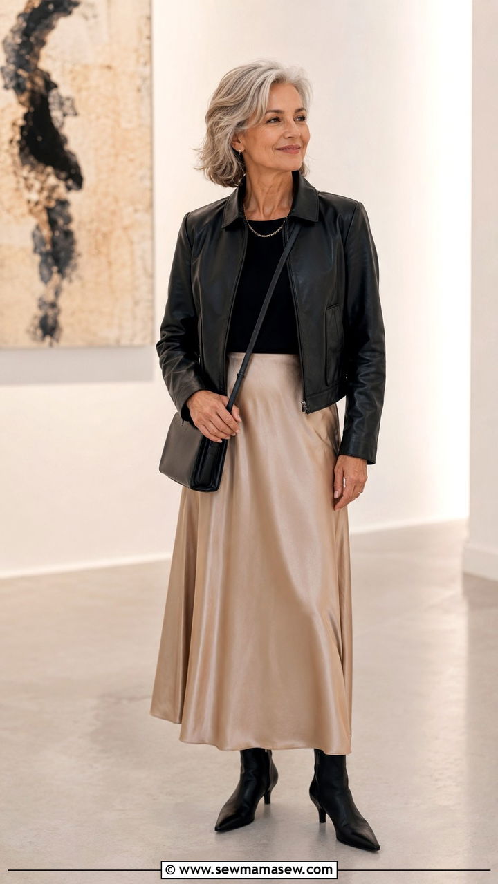 Leather Jacket With Silk Midi Skirt - 30 Minimalist outfits for women over 50