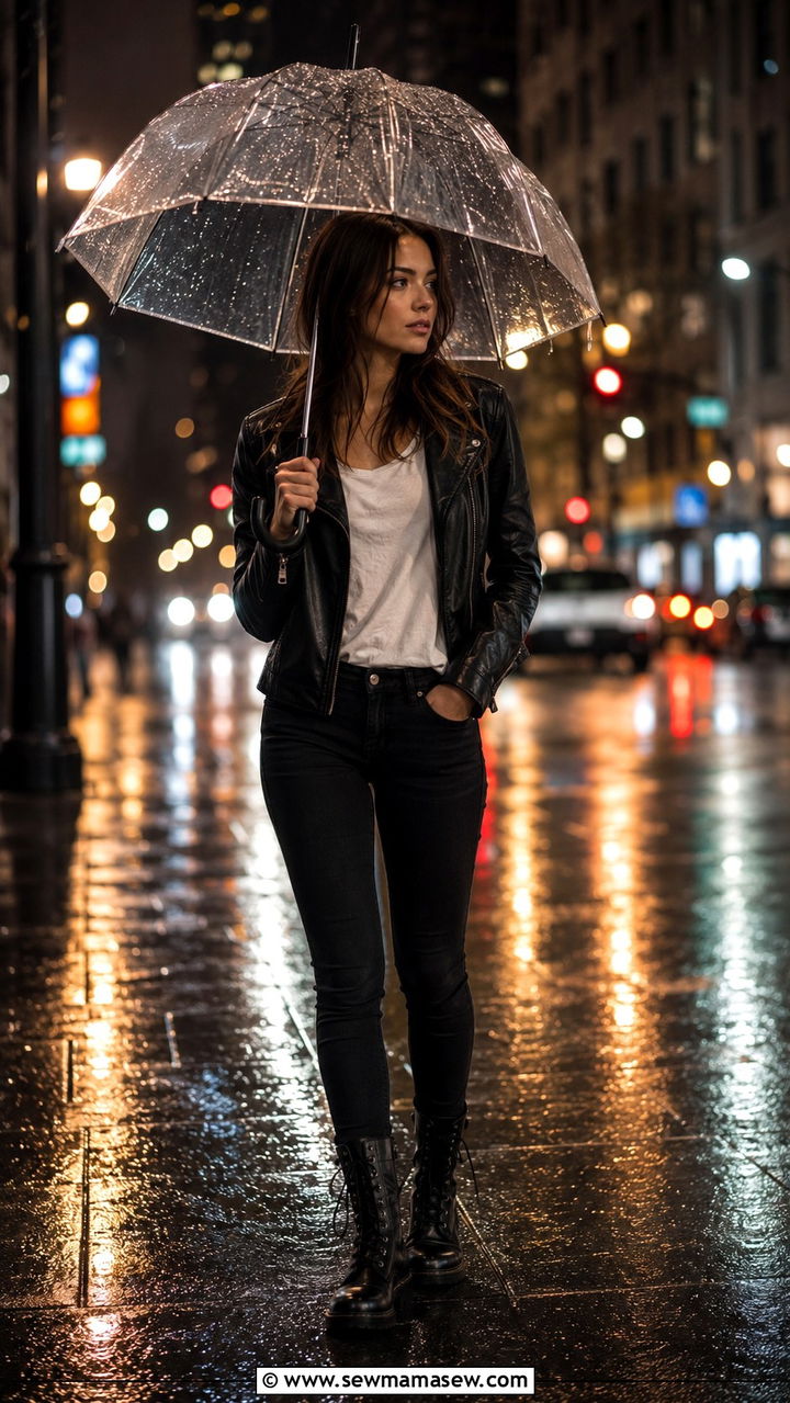 Leather Jacket With Skinny Jeans and Combat Boots - 30 rainy day outfits casual