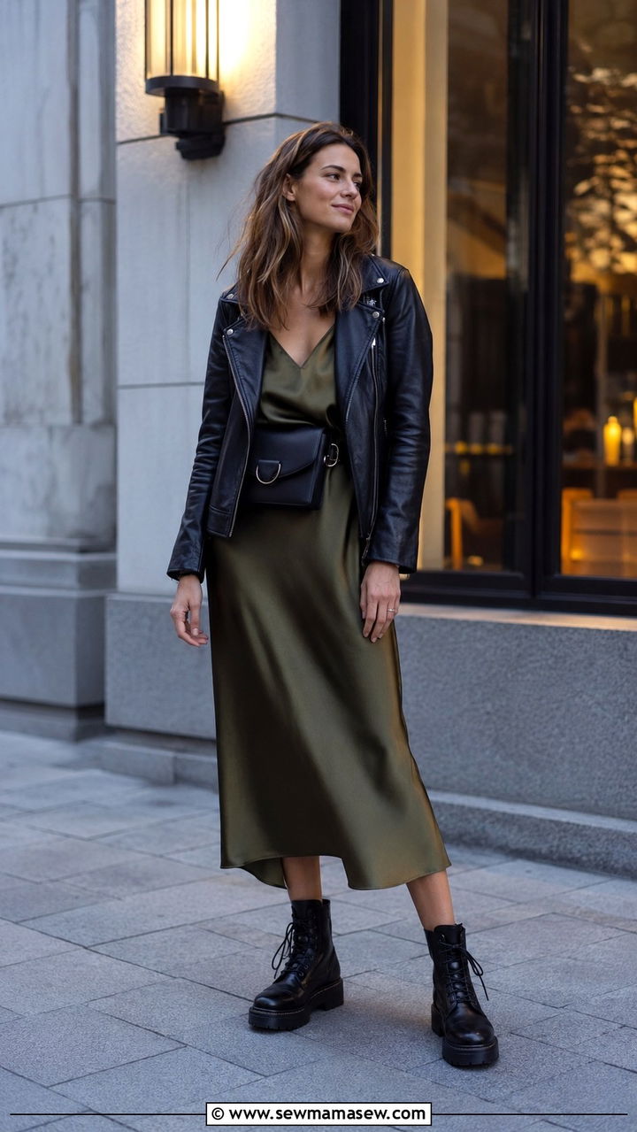Leather Jacket With Slip Dress And Chunky Boots - 30 casual scandinavian outfits