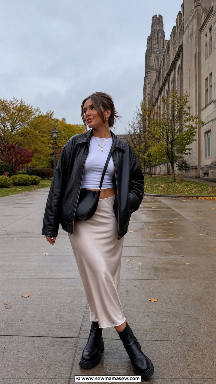 Leather Jacket With Slip Skirt Outfit - 30 College outfit ideas trendy 2026