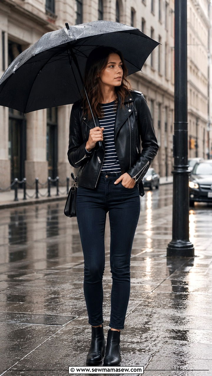 Leather Jacket With Striped Tee And Dark Jeans - 30 Rainy day casual outfit ideas