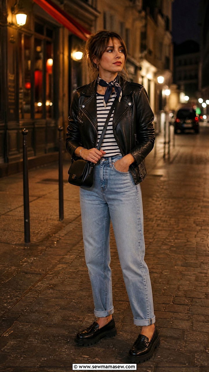 Leather Jacket With Striped Top And Jeans Outfit - 30 French girl outfit ideas with jeans
