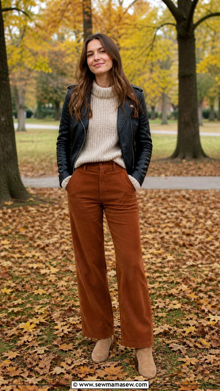 Leather Jacket With Sweater And Corduroy Pants - 40 casual leather jacket outfits