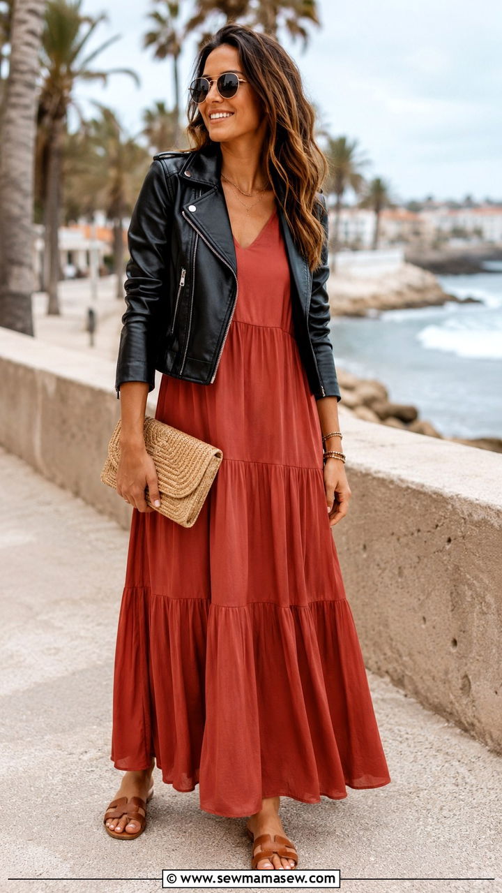 Leather Jacket With Tiered Maxi Dress - 30 Leather jacket outfit ideas with a dress