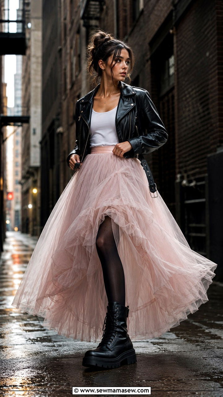 Leather Jacket With Tulle Maxi Skirt And Combat Boots - 20 Ballet outfit ideas