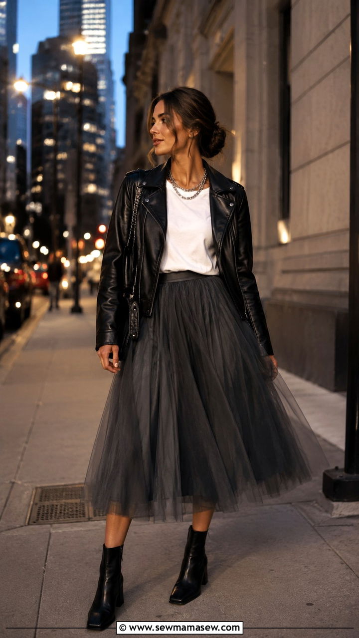 Leather Jacket With Tulle Skirt And Tee - 20 Tulle skirt outfit ideas with a tee
