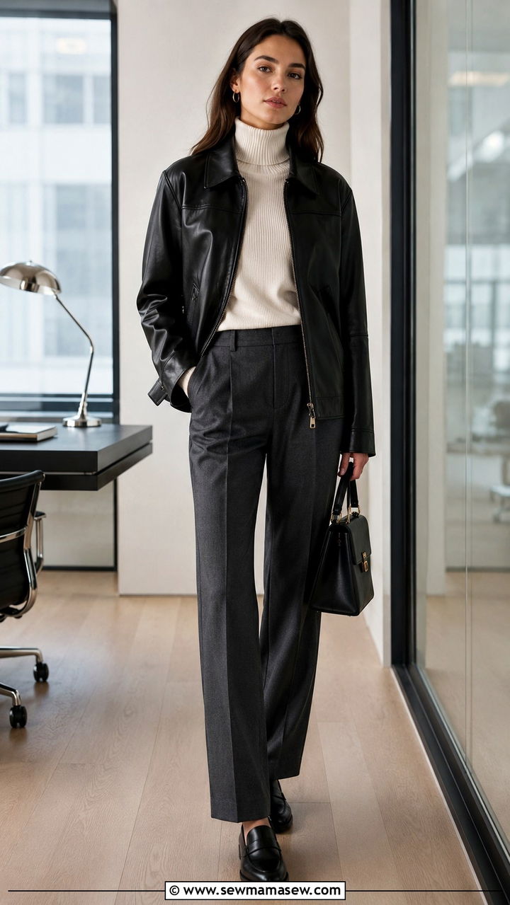 Leather Jacket With Turtleneck And Tailored Wool Trousers - 30 how to style leather jacket