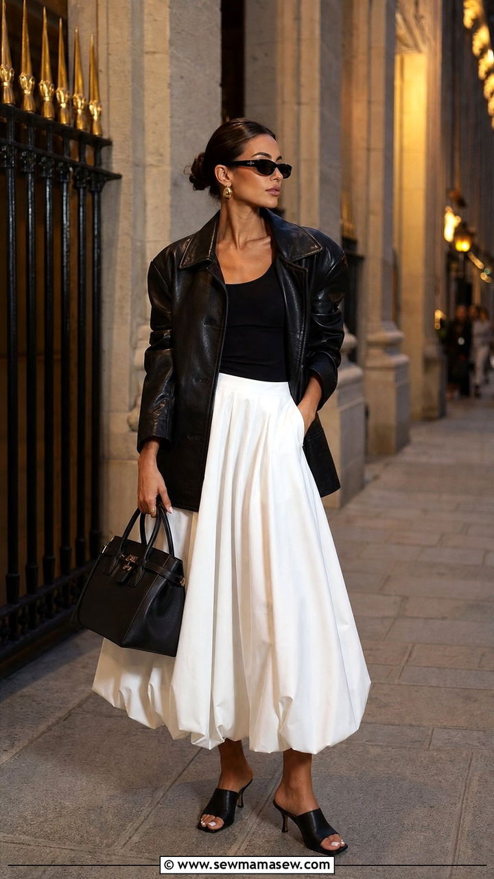 Leather Jacket With White Balloon Skirt Outfit - 25 Spring outfit templates