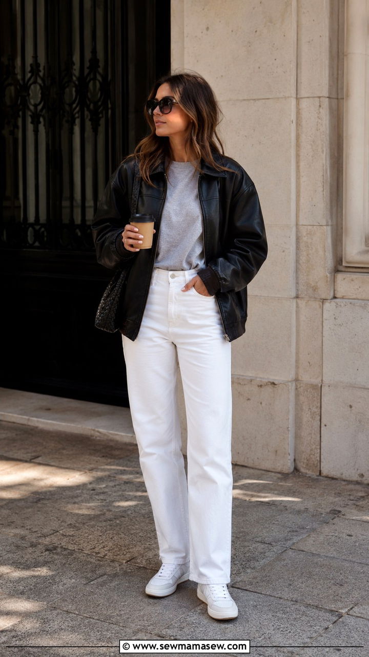 Leather Jacket With White Jeans And Sneakers - 30 How to style a leather jacket in summer