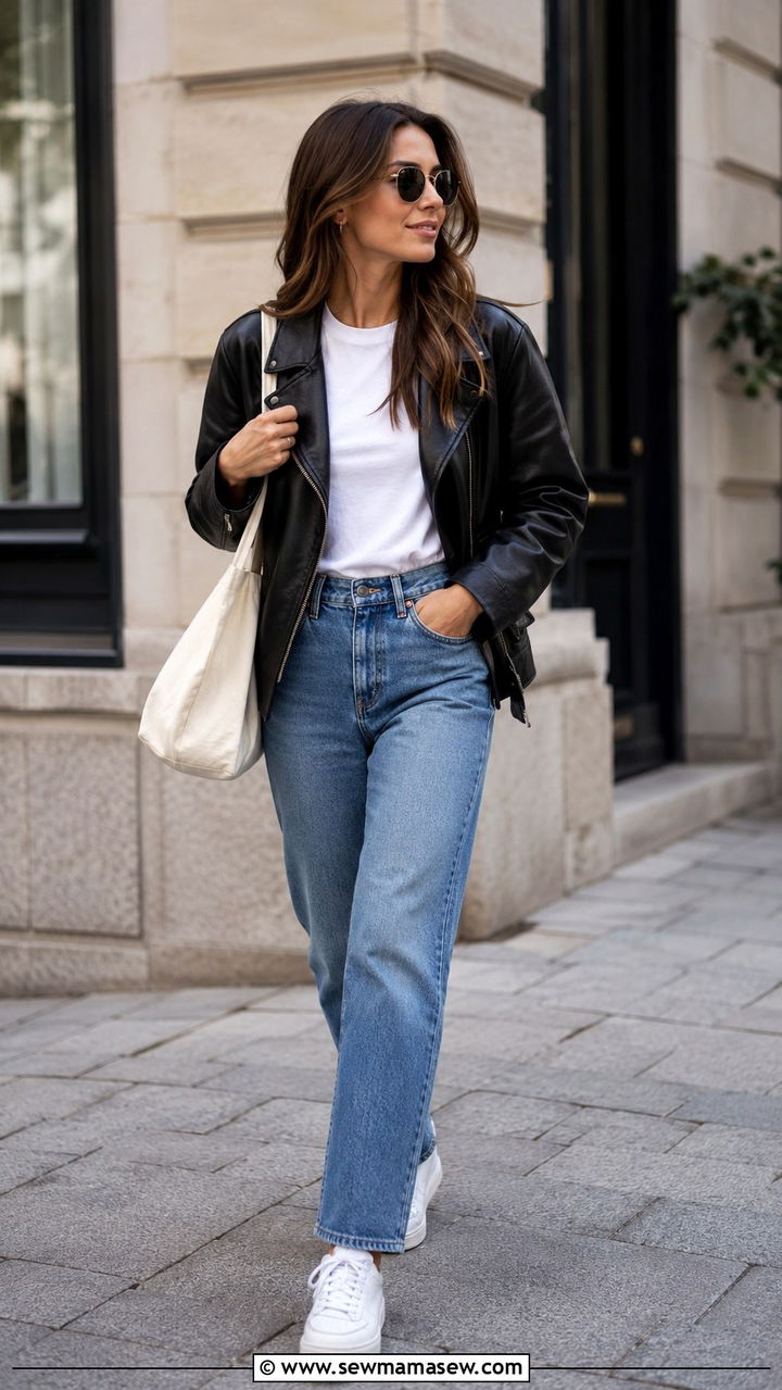 Leather Jacket With White T Shirt And Straight Jeans Spring - 30 How to style a leather jacket in spring