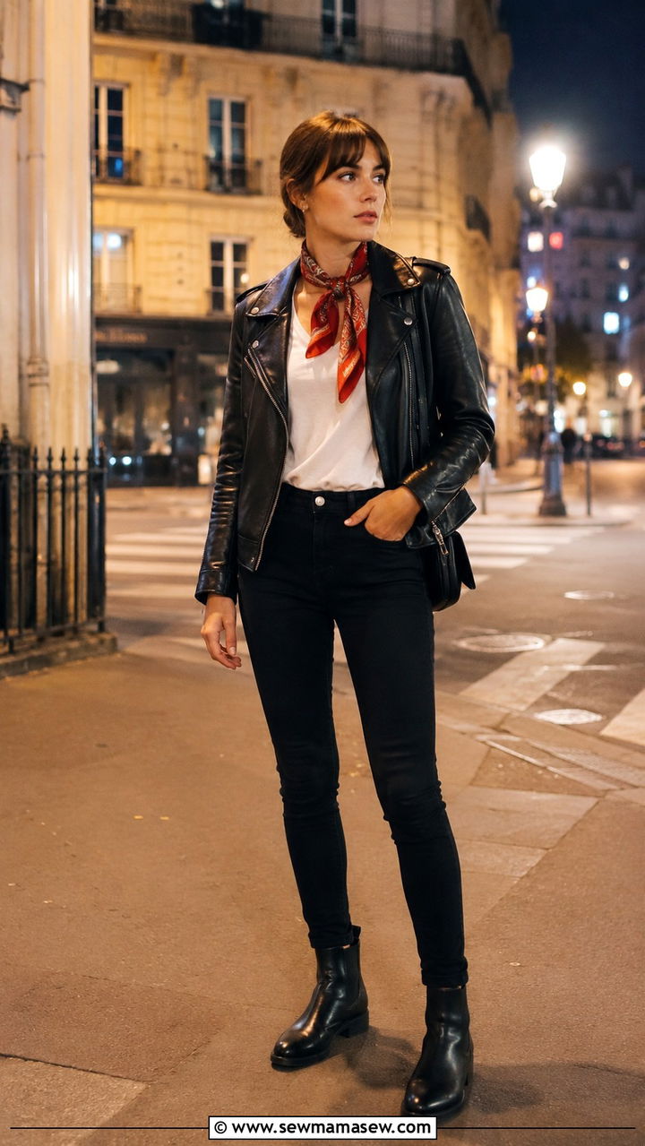 Leather Jacket With White Tee and Black Jeans - 30 parisian capsule wardrobe outfits
