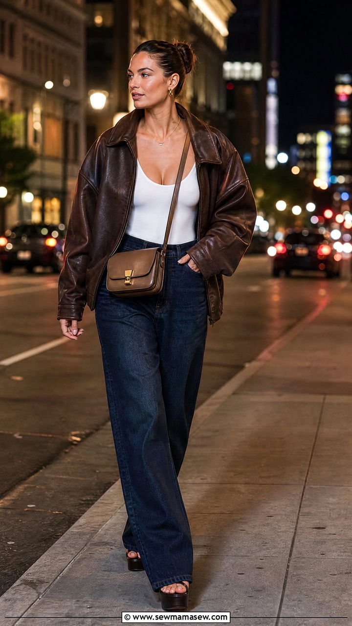 Leather Jacket With Wide Leg Jeans And Heels Outfit - 25 chic leather jacket outfit ideas