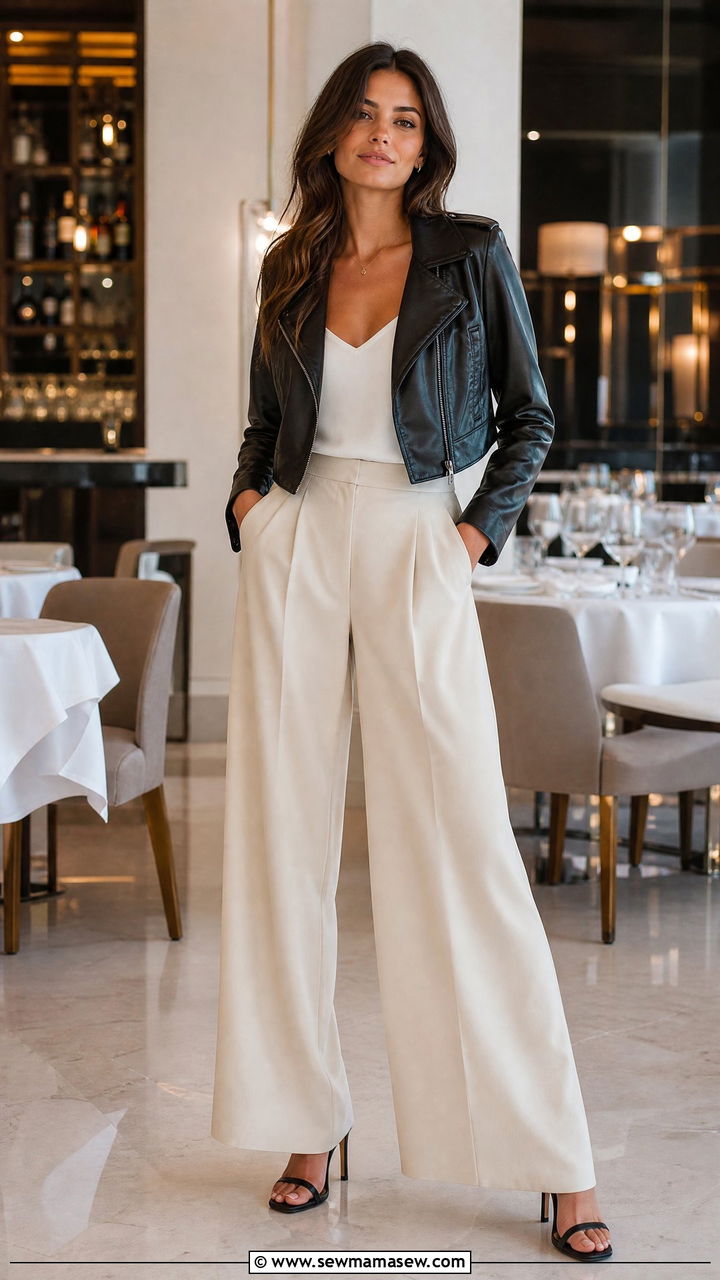 Leather Jacket With Wide Leg Trousers And Heels - 40 leather jacket outfit ideas for women