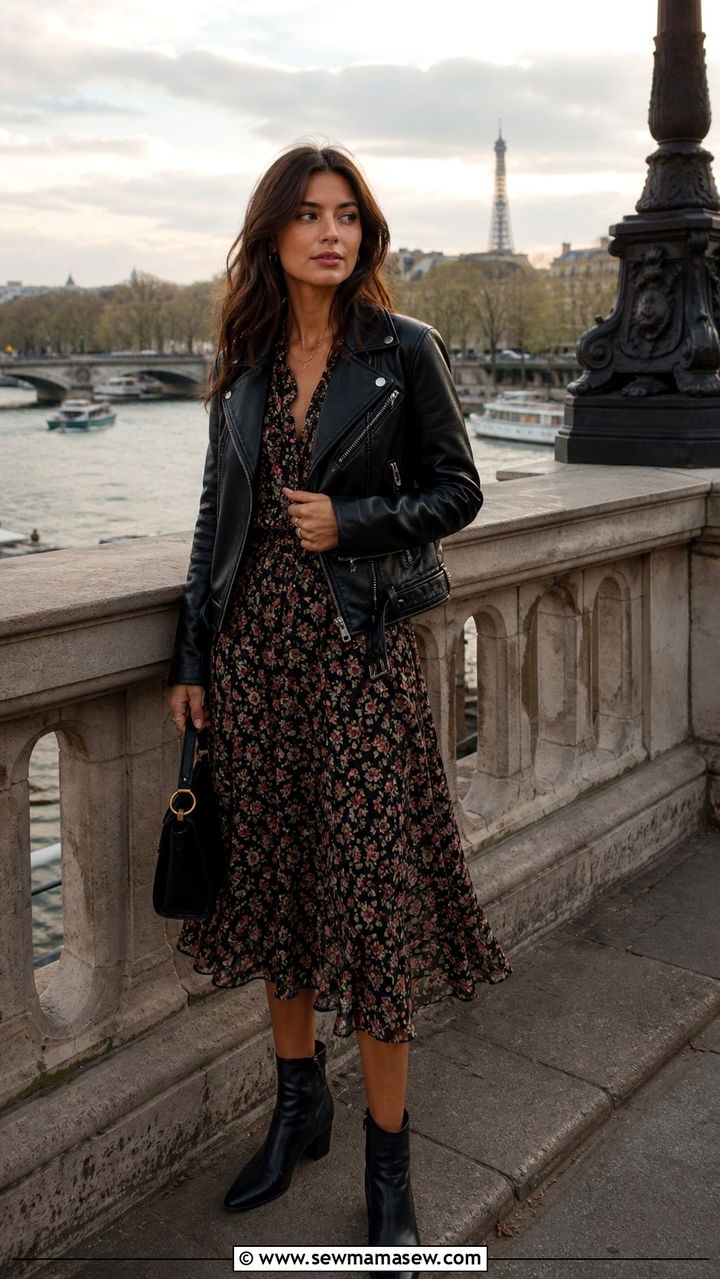 Leather Jacket With a Floral Midi Dress and Ankle Boots - 40 Paris outfit ideas