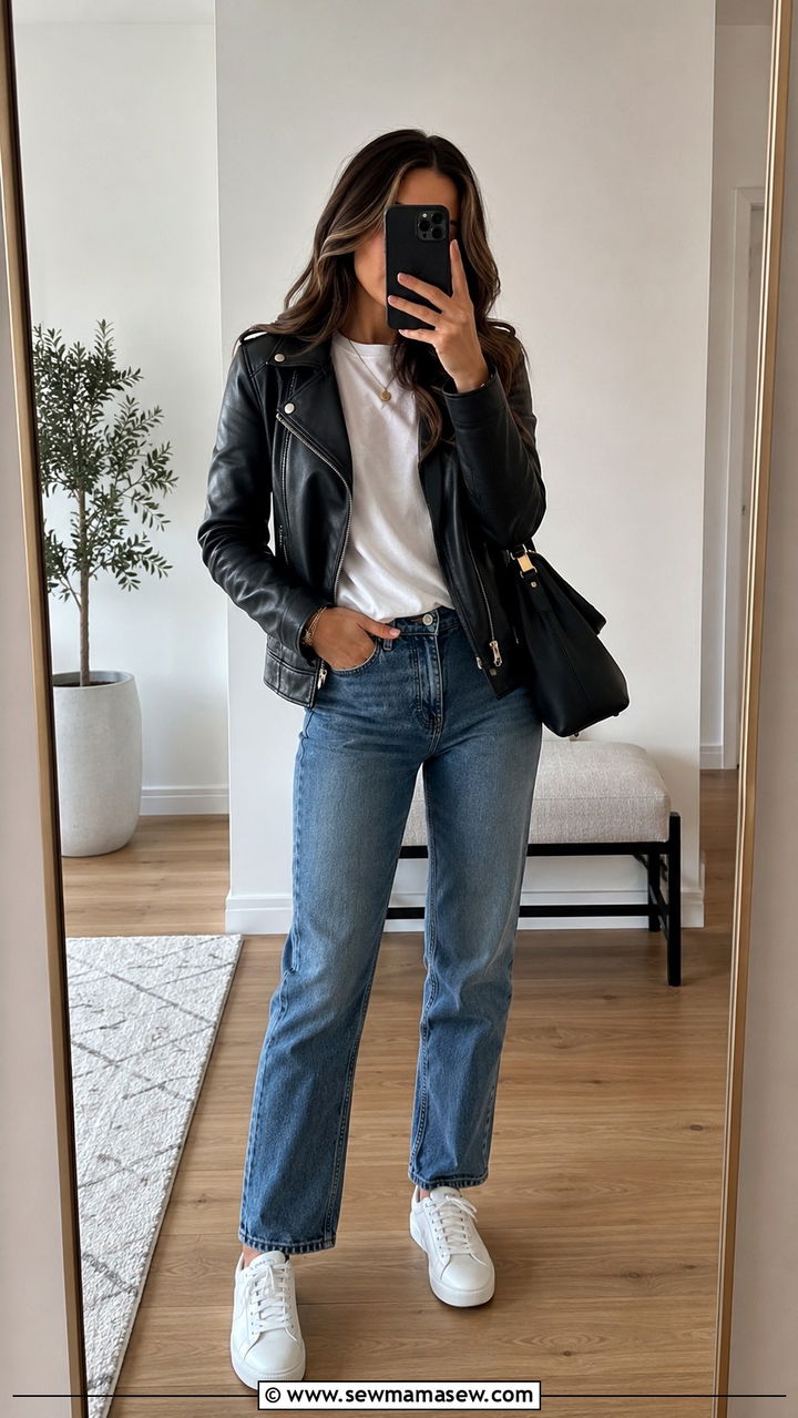 Leather Jacket With a White Tee and Lightwash Jeans - 30 Light jacket weather outfit ideas